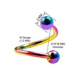 KJM FASHION 4 x Anodised Twister Spiral 1.2 mm 16 Gauge Helix Earrings, Stainless Steel