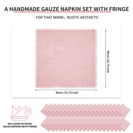 40 Packs Pink Cloth Napkins Cotton Linen Napkins Bulk 16.5 x 16.5Inch Dusty Pink Handmade Gauze Napkins with Fringe, Natural Soft Cotton Rustic Dinner Napkins for Wedding Party Christmas Decoration