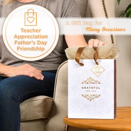 Christian Art Gifts Portrait Gift Bag w/Tag & Tissue Paper Set for Women: Grateful for You - Faith-inspired for Birthdays, Graduations, Thinking of You, White Floral, Taupe, & Golden Foil, Medium