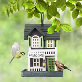 Relaxdays Wooden Bird Feeder for Hanging, Country House, HBT 23.5 x 18 x 18 cm, Balcony, Feeding Station, Wild Birds, Multicoloured
