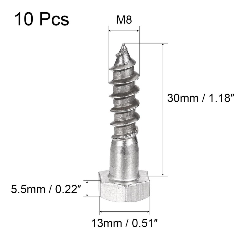 sourcing map Hex Lag Screws, M8 x 30mm 304 Stainless