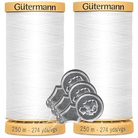 Gutermann Natural Cotton Thread 50wt (274yd/250m Each) 2-Pack Bundle with 3 Bella's Crafts Needle Threaders (1006 White)