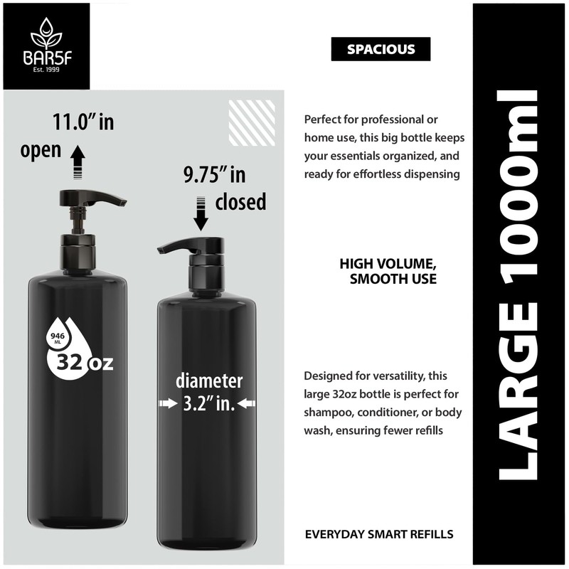 Bar5F 1-Liter BPA-Free Black Pump Bottles – Refillable PET Plastic