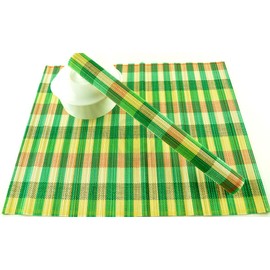 Bamboo Placemats, Pack of 4 Handmade Wood Table Mats, Eco Friendly Wooden Mat, Beautiful Check Pattern Dinnerware Tableware, Green-Cream, P088