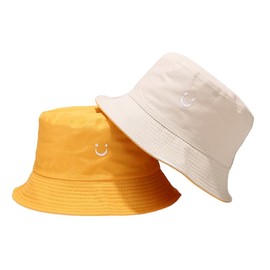 PythJooh 1PC Girls Boys Embroidered Smile Face Bucket Hat Kids Reversible Sun Hat Foldable Beach Hats Outdoor Caps for 2-8Years Beige/Yellow