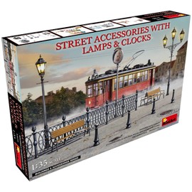 MiniArt MIN35639 1:35-Street Accessories w/Lamps & Clocks Scale Model kit, Molded Color
