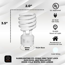 SLEEKLIGHTING GU24 Base 23Watt UL Listed T2 Mini Twist Spiral Two Prong Twist CFL Light Bulb 2 Pin 6500K 1600lm - Super White Daylight 10,000Hr Life- 4pack