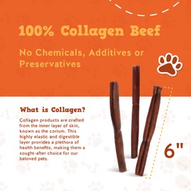 Jack&Pup 6" Beef Collagen Sticks for Dogs | Rawhide Free Dog Chews Long Lasting | Single Ingredient Healthy Dog Treats for Medium Dogs | Bully Stick Alternative (4 Pack)
