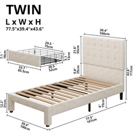 LIKIMIO Twin Bed Frame with Under-Bed Drawer, Velvet Upholstered Platform Bed Frame with Headboard, No Box Spring Needed/Noise-Free, Beige