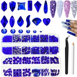 2680Pcs Royal Blue Nail Rhinestones Gems, 120pcs Multishapes Glass Big Nails Art Gem Stones with Bling flatback Round Beads, Clear Diamond Rhinestone for DIY Face Eyes Makeup Crafts Decoration