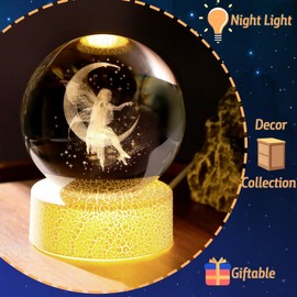 80mm K9 Crystal 3D Fairy Ball with LED Stand Collectible Paperweight Ornaments Fairy Gifts for Women Birthday