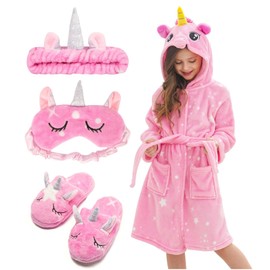 Piefry Soft Unicorn Hooded Bathrobe for Girls with Unicorn Slippers, Blindfold and Headband - Gifts for Girls (Rose Stars, 4-5 Years)