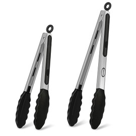 TACGEA Stainless Steel Kitchen Tongs with Silicone Tips, Locking Grilling Food Tongs, 9" and 12", Set of 2 Black