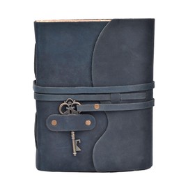 LEATHER VILLAGE Vintage Leather Journal – 200 Handmade Vintage Deckle Edge Paper – Leather bound Journal For Women Men – Vintage Key Closure - Book of Shadows - Blue - 10X7 inches
