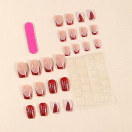 24Pcs Christmas Press on Nails Short Fake Nails with Glue Red French Tip Acrylic Nails Supply Christmas Tree Snowflake Design False Nails Winter Xmas Stick on Nails for Women DIY Christmas Nails Decor