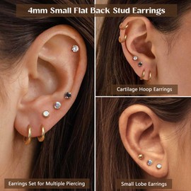Jstyle Surgical Steel Earrings for Sensitive Ears Hypoallergenic 20G Stainless Stud Hoop Earrings for Women Men Small Ball Opal CZ Surgical Steel Flat Back Earring Cartilage Earring Hoop Gold Tone