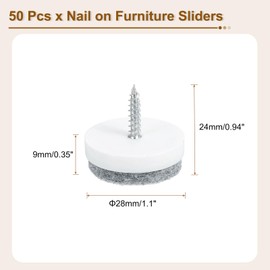 sourcing map Nail-on Furniture Sliders, 50Pcs Nail-on Felt Pad Round Chair Table Feet Pads Chair Leg Floor Protectors for Hardwood Floors (White, 28mm/1.1")