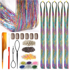 CelineBella Mixed Colors Rainbow Hair Tinsel Kit with Tools,Heat Resistant,48 Inch,5 Pcs 1250 Strands, Glitter Sparkling Shiny Tensile Hair Accessories for Women Party Festival Cosplay Daily Use