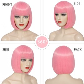 YBYMCAI Pink Bob Wig With Bangs Short Pink Bob Wigs For Women Straight Bob Bangs Wig 10 Inch Heat Resistant Synthetic Hair Natural Looking For Daily Party Use
