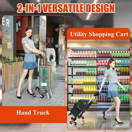 2 in 1 Shopping Cart, Foldable Hand Truck with 6 Wheels, 110 lbs Grocery Cart, Portable Utility Dolly, Waterproof Bag for Moving, Camping