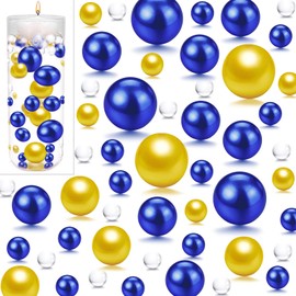 UDU 10000 Pcs Vase Filler Water Beads and 150 Pcs Floating Beads No Hole Pearl Faux Pearls for Vase Mixed Sizes Round Pearls for Home Party Wedding Decor, 8/14/20 mm(Gold,Blue)