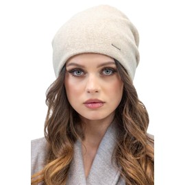 VIVISENCE Women's Beanie Hat Winter Made of Warm Wool Yarn Classic Autumn Winter Hat Cosy with Perfect Fit Three Pleats on the Back Inner Lining Extra Comfort Model 7085, ecru