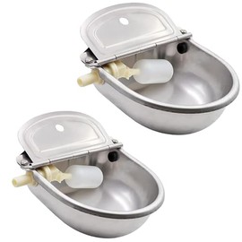 Fsehyue Automatic Animal Drinking Water Bowl with Float Valve and Drainage Hole 304 Stainless Steel Feeder Waterer Livestock Water Trough Suitable for Pet Dog Horse Cattle Goat Sheep 2Pcs（Dia 9in）