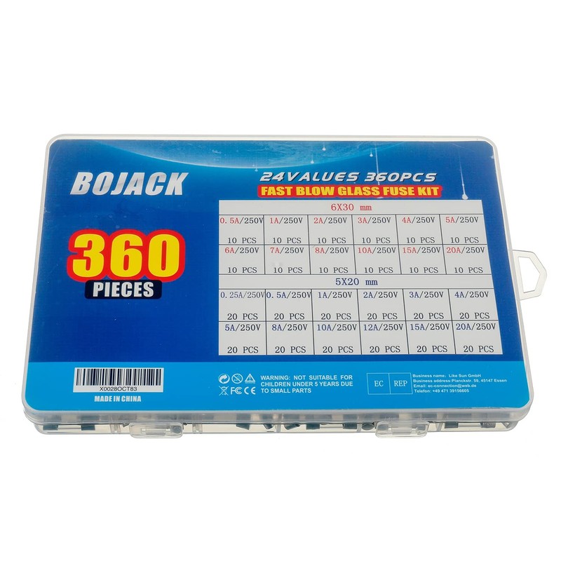 BOJACK 24 Values 360 pcs Fast-Blow Glass Fuses Assortment Kit