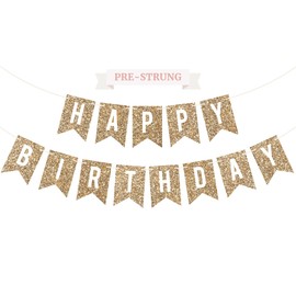 Pre-strung Happy Birthday Banner - No DIY - Gold Glitter Birthday Party Banner - Pre-strung Garland on 6 ft Strands - Gold Bday Party Decorations & Decor. Did We Mention No DIY