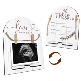 Hello World Baby Newborn Wooden Sign - Ultrasound Picture Frame With Stand - Double Sided Print Unfinished Baby Announcement Plaque - Hospital Nursery Milestone Board & Pregnancy Gift(White)- A05