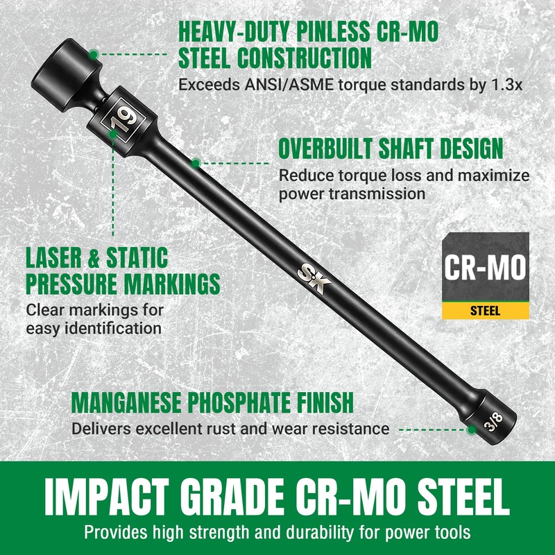 3/8'' Drive Pinless Universal Impact Extension Socket Set, CR-Mo Steel