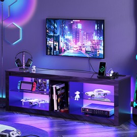 Bestier LED TV Stand for 55/60/65 Inch TV, High Gloss Gaming TV Stand with Power Outlet, Black Entertainment Center with Storage for Living Room, Bedroom, 55 Inch TV Console with Adjustable Shelves