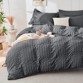 HYMOKEGE Dark Grey Twin Size Duvet Cover, Ultra Soft 2-Piece Seersucker Duvet Cover Set with Zipper Closure, Soft Brushed Microfiber Bedding Set with 8 Corner Ties (68"x90", 1 Pillowshams)