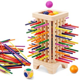 Relaxgiant Montessori Game with Colorful Wooden Sticks Tower Dice Ball Wooden Board Games Fine Motor Skills Counting Math Educational Toys for Family Travel(Square)