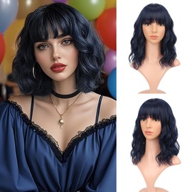 Short Bob Wigs with Bangs for Women Loose Wavy Wig Curly Wavy Shoulder Length Bob Synthetic Cosplay Wig for Girl and Women Colorful Costume Wigs(dark blue mixed black,12inch)
