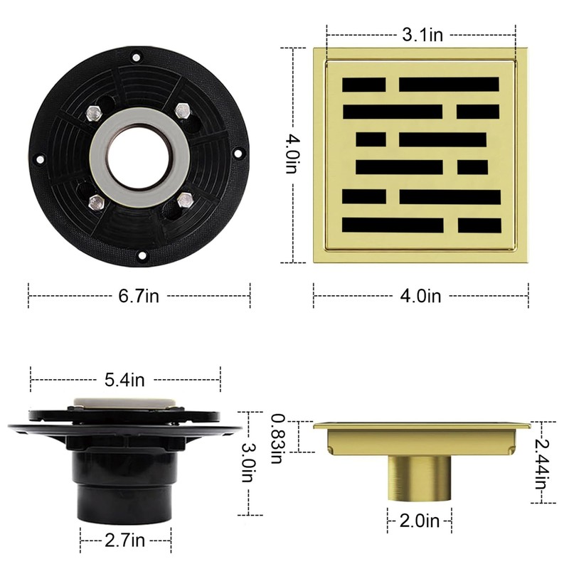 4 Inch Square Shower Floor Drain, Shower Drain Kit with