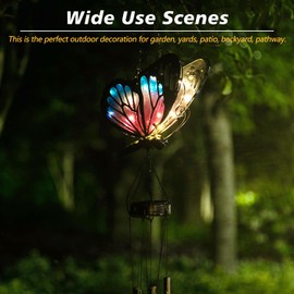 Adeco Retro Solar Butterfly Wind Chimes LED Outside Hanging Lights for Home Party Outdoor Garden Decor for Patio, Porch, Backyard, Memorial Windchimes, Birthday Gifts