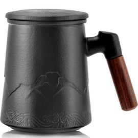 suyika Tea Cup with Infuser and Lid, 15.2 Ounce Wood Handle Ceramic Loose Leaf Tea Mug,Embossed Tea Steeping Mug for Gifts, Gradient Black 450ml