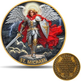 St. Michael The Archangel Challenge Coin - 3D Dual Side Prayer Coin with Colored Image, 1.574 Inch Zinc Alloy Military Coin for Collectors, Catholic Gifts, and Spiritual Protection