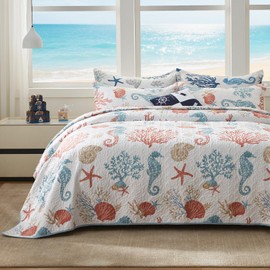 LEAONME Coastal Quilt Set Full/Queen Size - Lightweight Microfiber Reversible Bedspread, 90''x98'', Coral, Includes 2 Shams