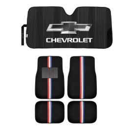 Plasticolor NEW RACING STRIPES 4pc Carpet Car Truck Floor Mats & CHEVY BLACK AUTO Sunshade