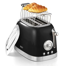 Wiltal Toaster 2 Slice, Retro Roaster, Bagel Toaster, With Stainless Steel Lid, With Bread Attachment, Preheat, Defrost And Cancel Functions, Countdown Timer Display, 6 Browning Levels（Black）
