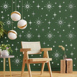 Silver Star Wall Stickers Retro Starburst Wall Decals Peel and Stick for Bedroom Living Room Decor Ceiling Stars Atomic Mid Century Wall Art Murals Modern Viny Wall Decal for Nursery Kids Room