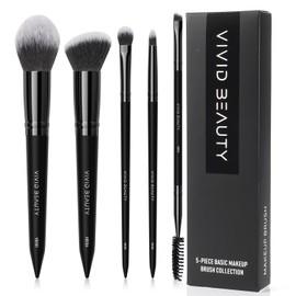 VIVID BEAUTY 5pcs Travel Makeup Brush Set with Wooden Handle & Fluffy Synthetic Hair, Makeup Brushes for Foundation Brush, Eyeshadow Brush- Face and Eye Brushes Collection (Black)