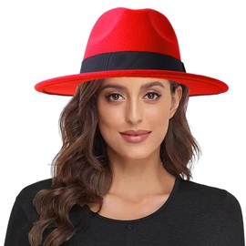 Lanzom Women Wide Brim Warm Wool Fedora Hat Retro Style Belt Panama Hat (Red, One Size)