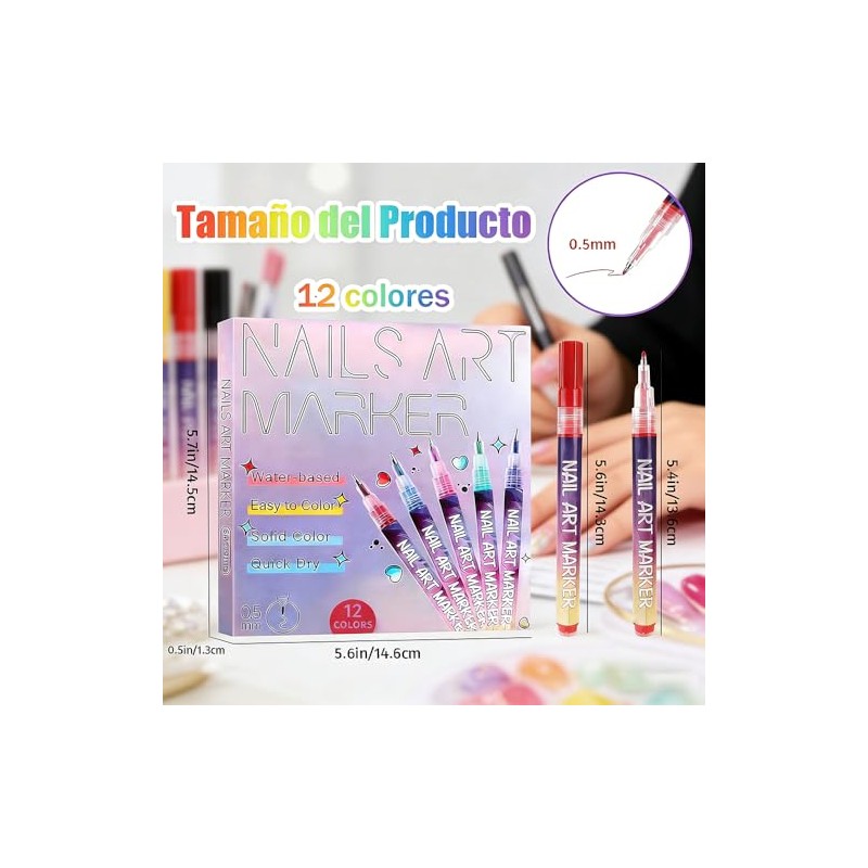12 Rotuladores para Uñas 3D Secado Rápido, Decoración Nail Art