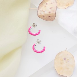 Tuscany Silver Women's Sterling Silver Rhodium Plated 3mm x 16.5mm Pink Enamel Half-Hoop Stud Earrings