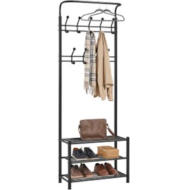 Yaheetech 3-in-1 Coat Rack Shoe Bench, Entryway Hall Tree with 18 Hooks and 3-Tier Shoe Storage Bench, Metal Coat Hat Stand Rod for Hanging Jacket, Easy Assembly, Black
