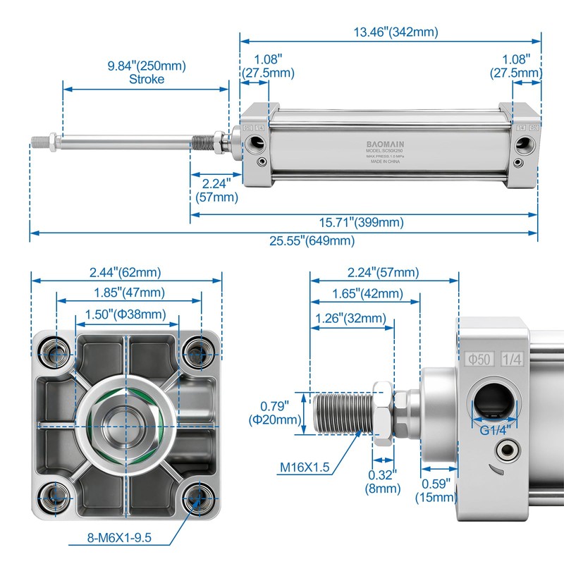 Baomain Pneumatic Air Cylinder SC 50 x 250, PT 1/4