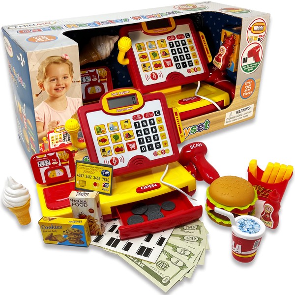 Talking Cash Register for Kids 3 & Up | Pretend Play Set Comes with Toy Microphone, Working Scanner, Play Money, Fake Credit Card, Toy Food & Weight Scale | 25 Pieces with Lights & Sounds
